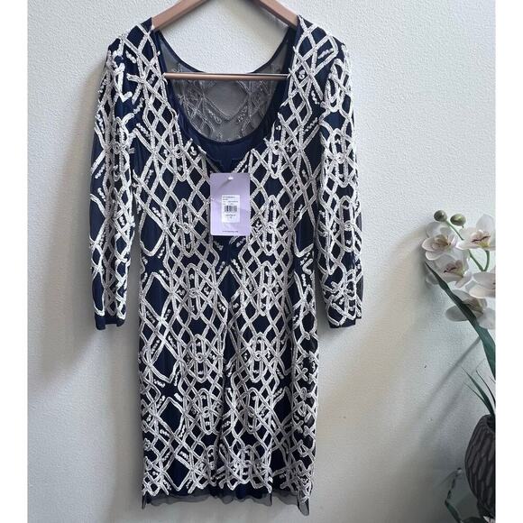 New JS Collections Fully Beaded White Navy Long Sleeves V-Back Elegant Dress 10 - Picture 2 of 7